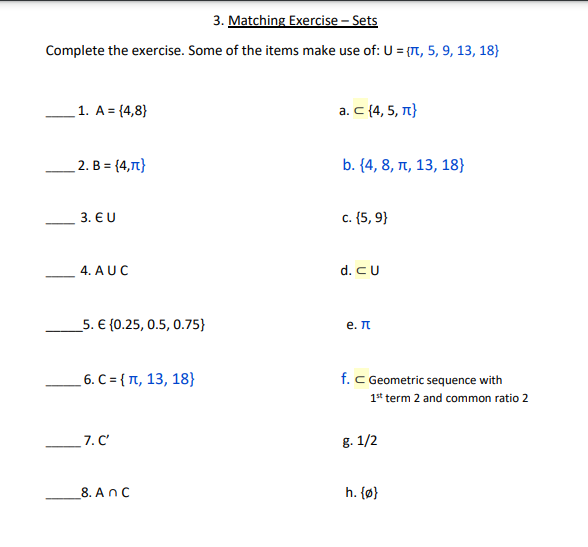 Solved 3. Matching Exercise - Sets Complete the exercise. | Chegg.com