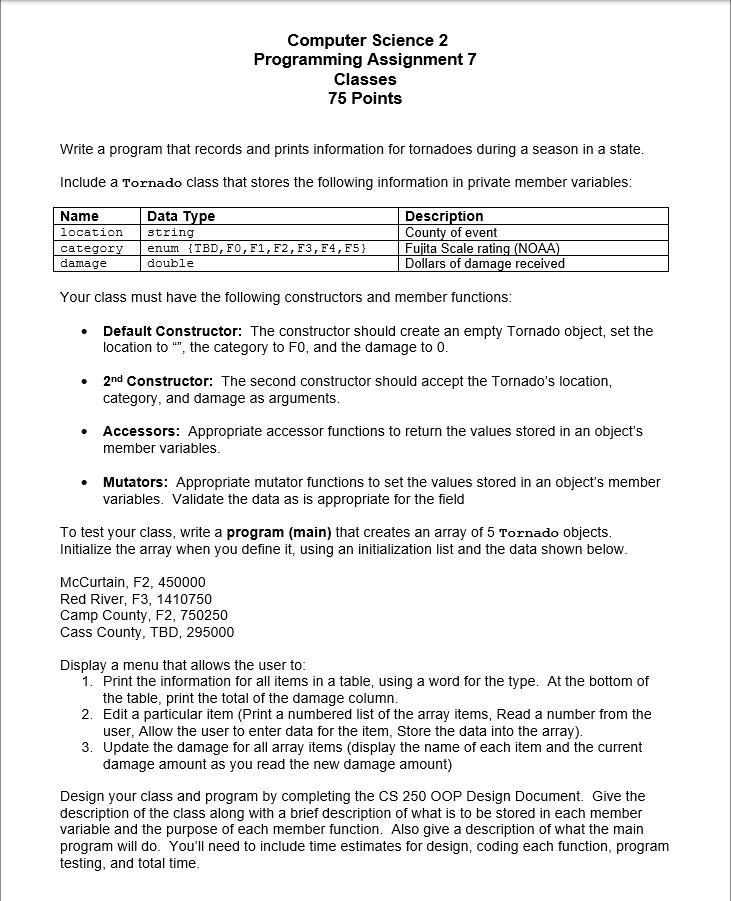 Solved Computer Science 2 Programming Assignment 7 Classes | Chegg.com