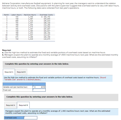 Solved Adriana Corporation manufactures football equipment. | Chegg.com