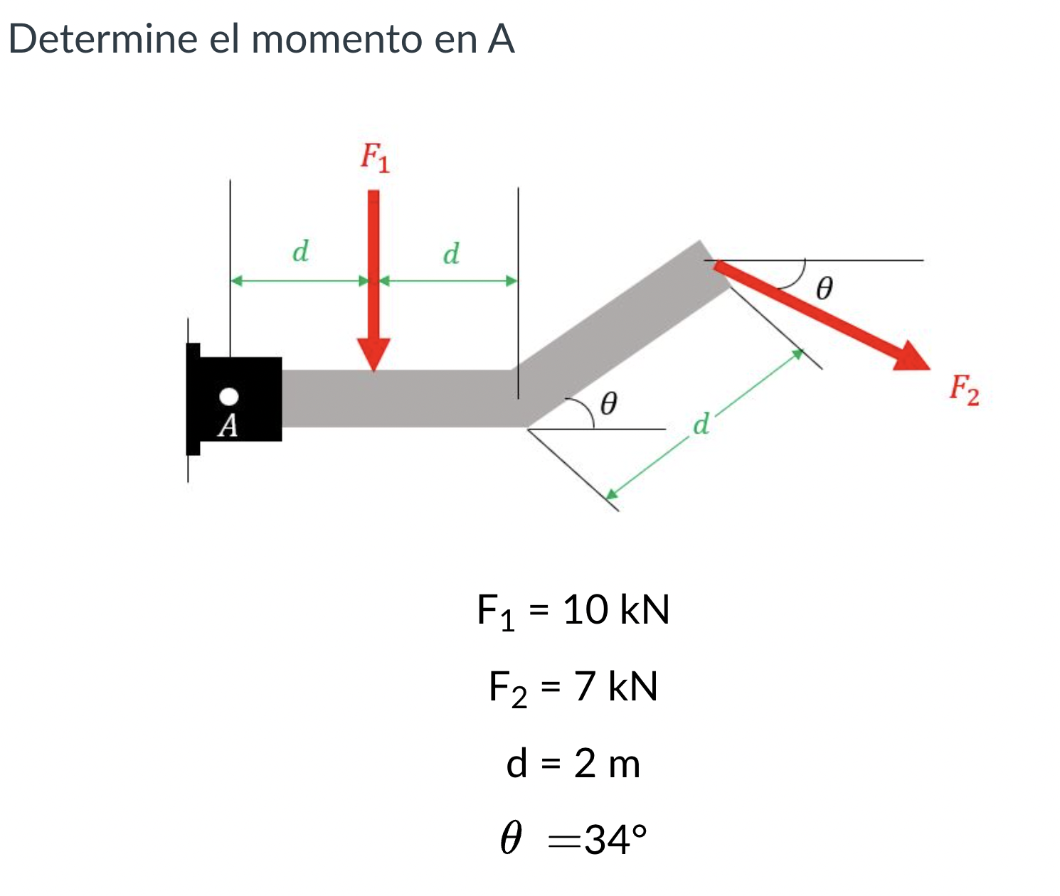 Determine el momento en \( A \) \[ \begin{aligned} \mathrm{F}_{1} & =10 \mathrm{kN} \\ \mathrm{F}_{2} & =7 \mathrm{kN} \\ \ma