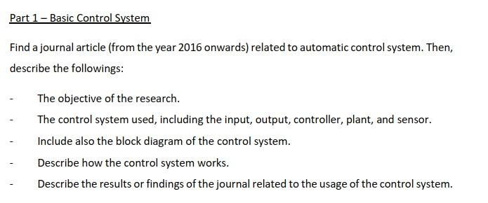 Solved Part 1 - Basic Control System Find a journal article | Chegg.com