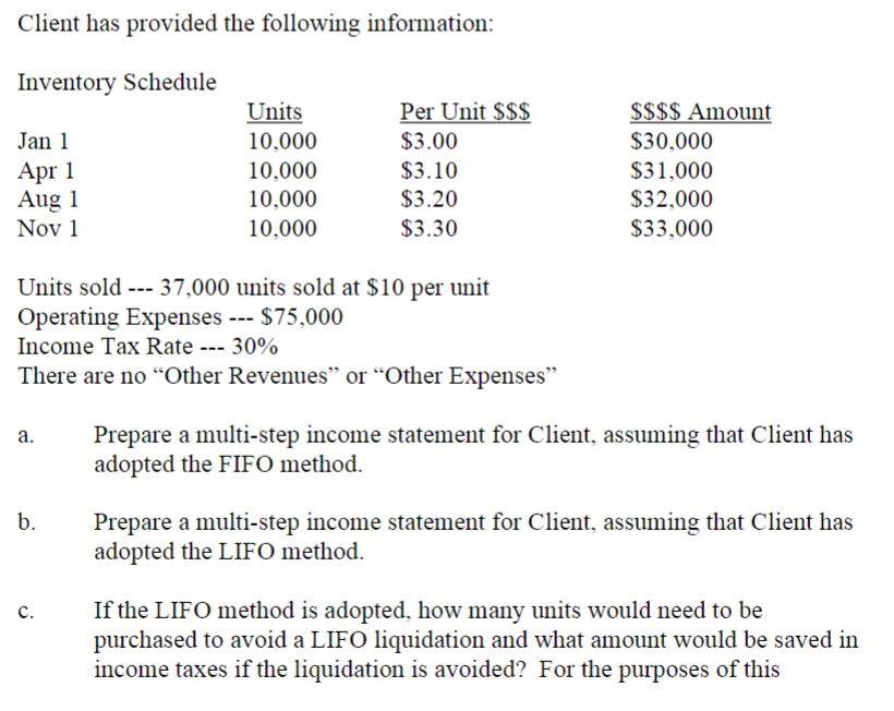 Client has provided the following information: Units | Chegg.com