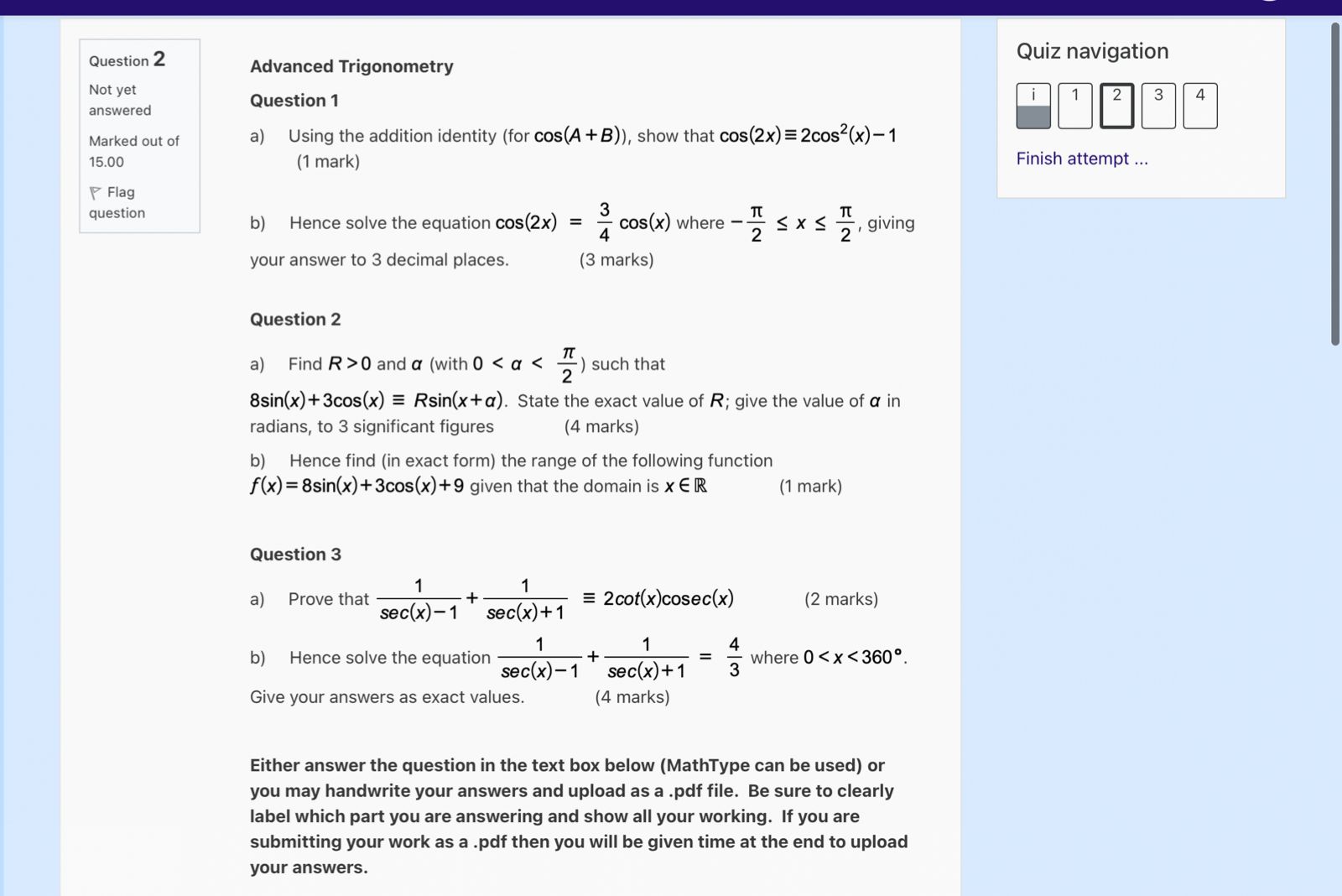 Solved Advanced Trigonometry Quiz navigation Question 1 a) | Chegg.com