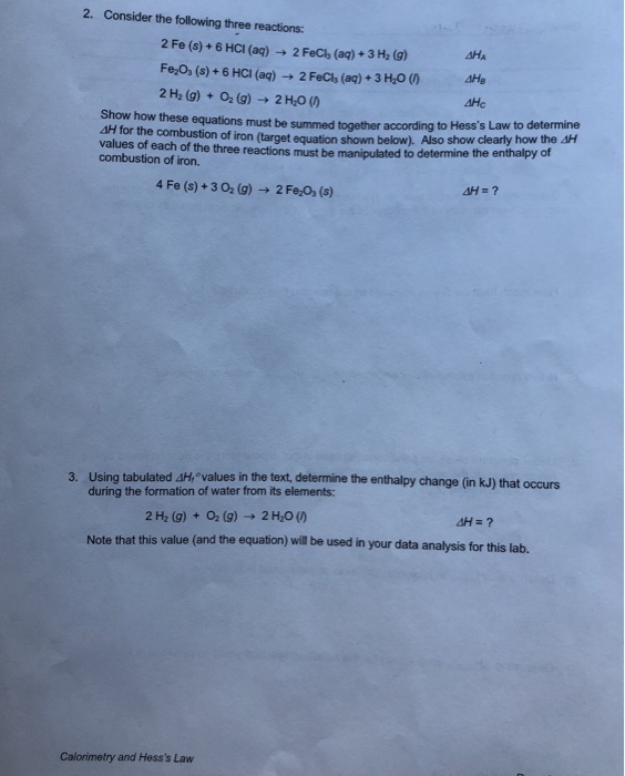 Solved Prelab Assignment Calorimetry and Hess's Law Show