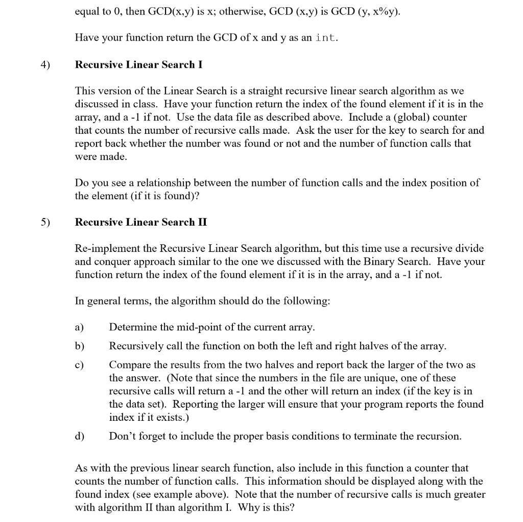 Please answer in C For recursive linear search,555, | Chegg.com image.