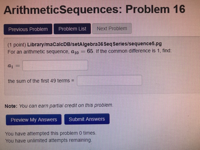 Solved ArithmeticSequences: Problem 16 Previous Problem | Chegg.com