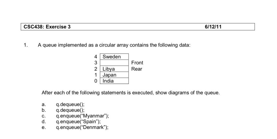 Solved CSC438: Exercise 3 6/12/11 1. A queue implemented as | Chegg.com