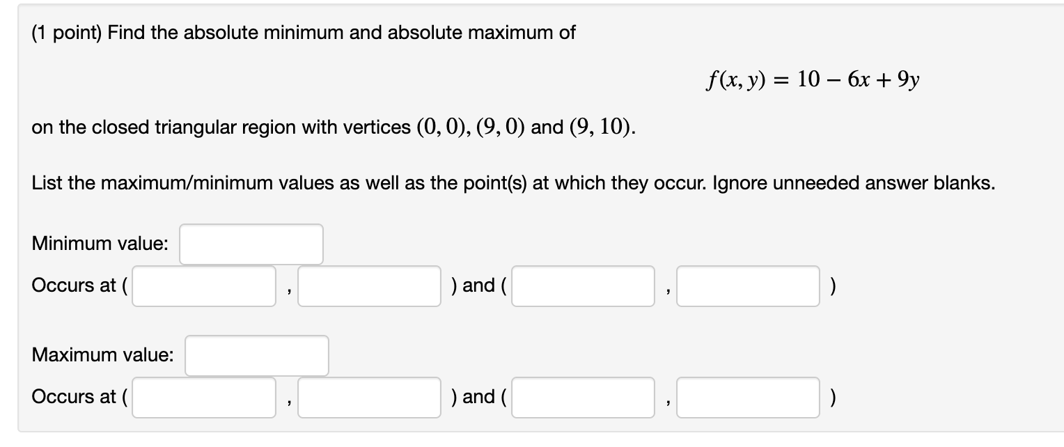 Solved (1 point) Find the absolute minimum and absolute | Chegg.com