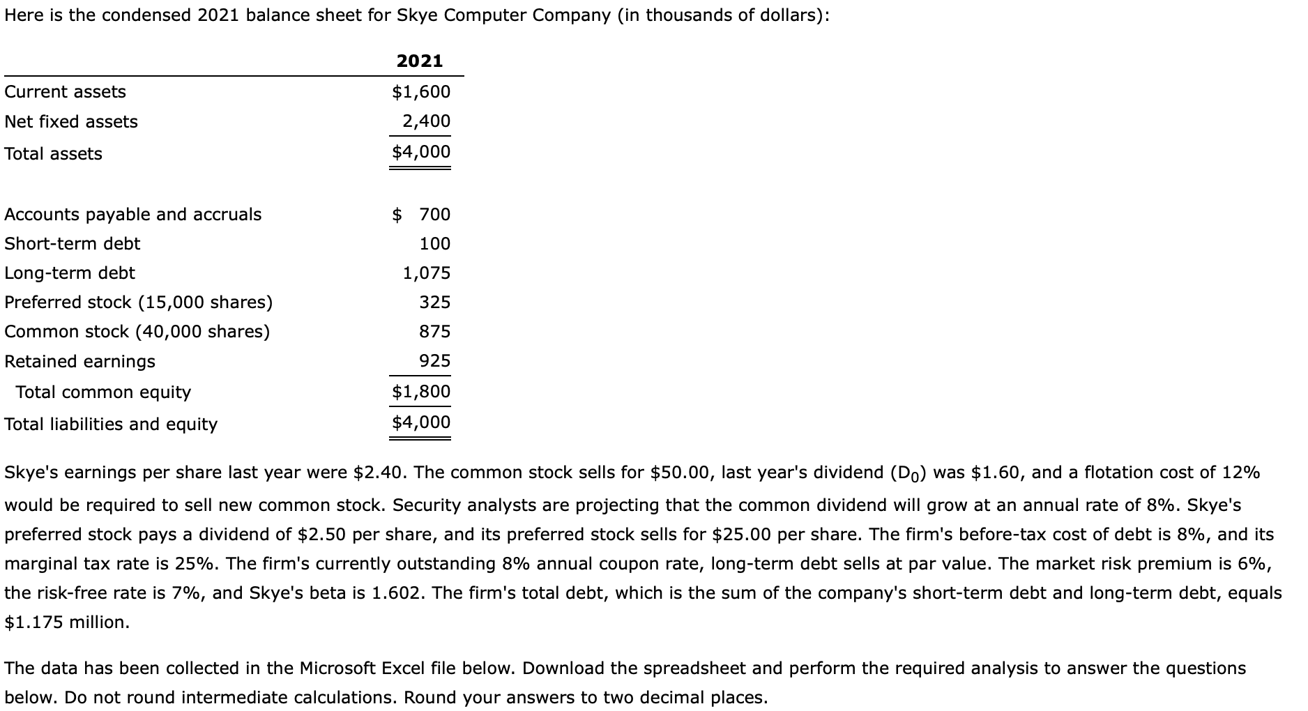 Solved Skye's earnings per share last year were $2.40. The | Chegg.com