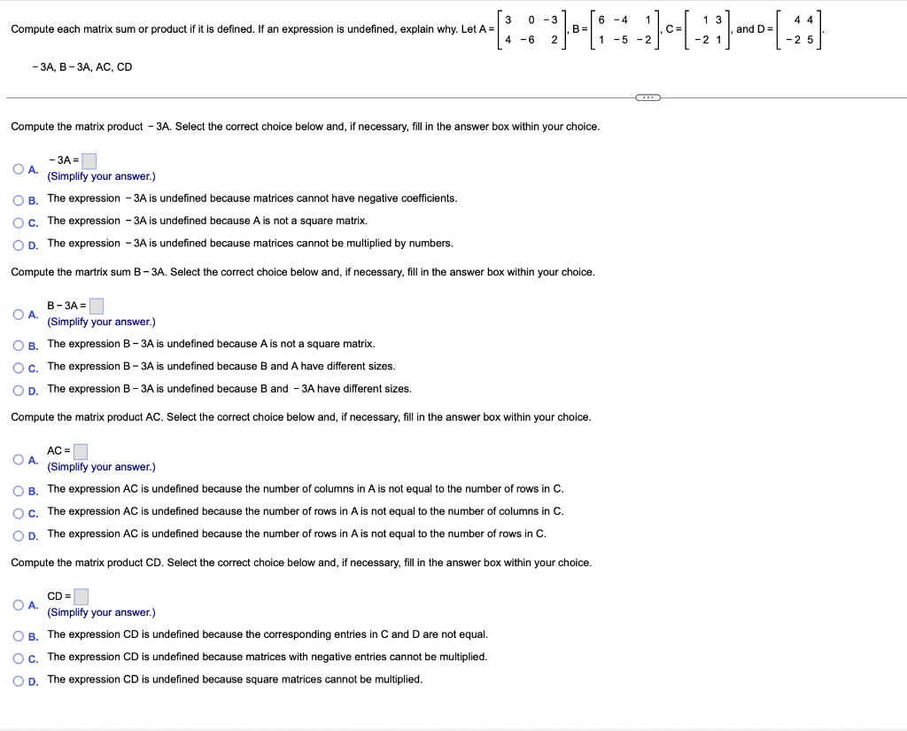Solved −3 A, B−3AC,CD Compute the matrix product - 3A. | Chegg.com