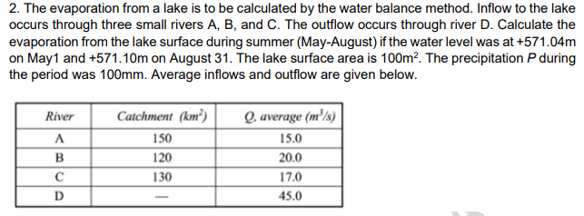 Solved 2. The evaporation from a lake is to be calculated by | Chegg.com