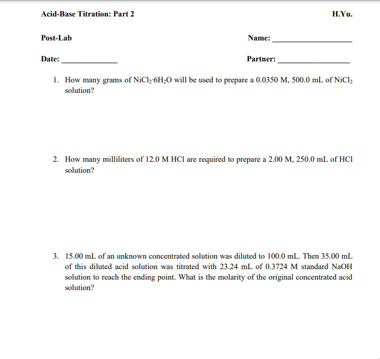 Solved Acid-Base Titration: Part 2 H.Yu. Post-Lab Name: | Chegg.com