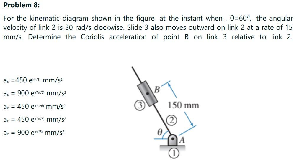 Problem 8:
For the kinematic diagram shown in the figure at the instant when, 0=60°, the angular
velocity of link 2 is 30 rad