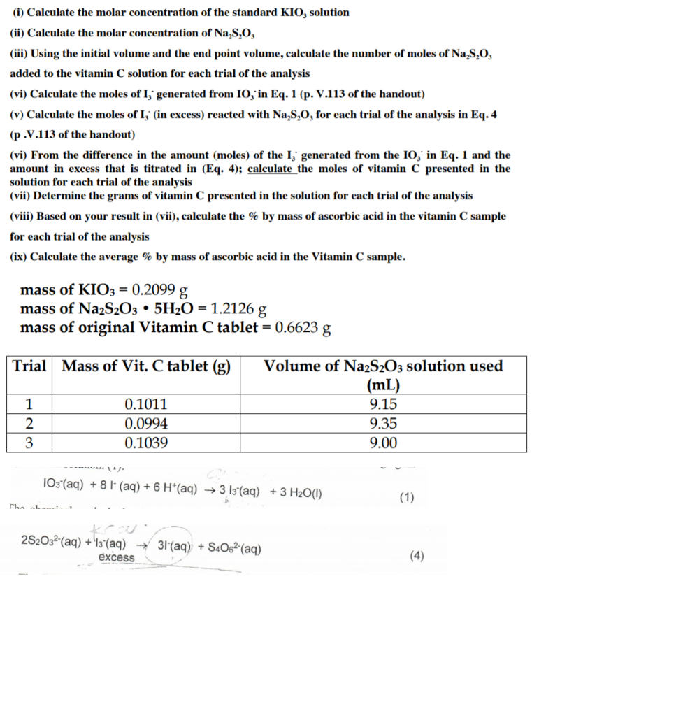 Solved (i) Calculate the molar concentration of the standard | Chegg.com