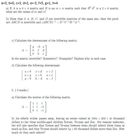Solved a=3, b=0, c=3, d=2, e=0,f=5, g=1, h=4 a) If A is a 6 | Chegg.com