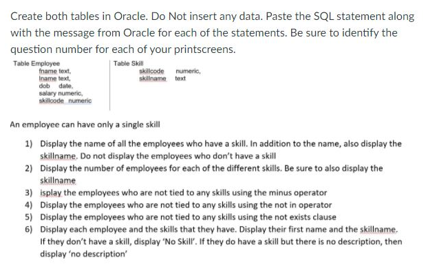 Solved Create both tables in Oracle. Do Not insert any data. | Chegg.com