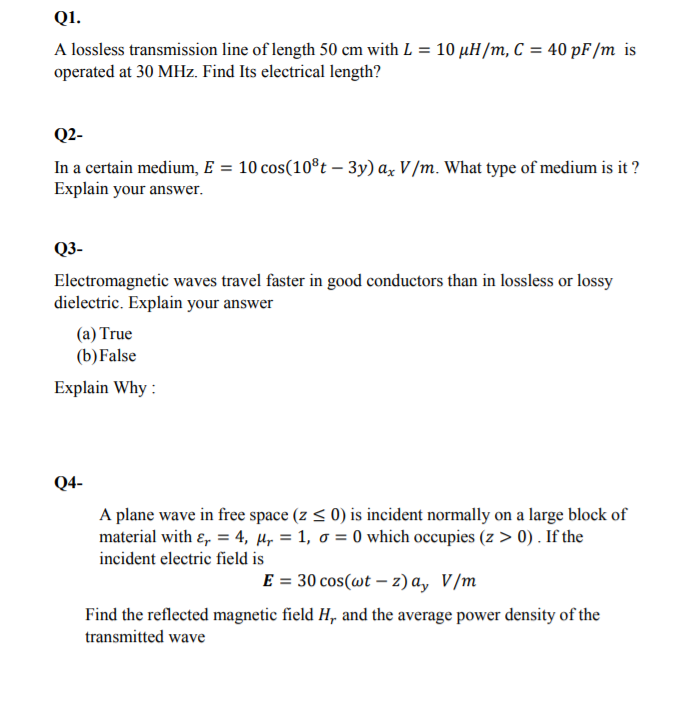 Solved Q1. A lossless transmission line of length 50 cm with | Chegg.com