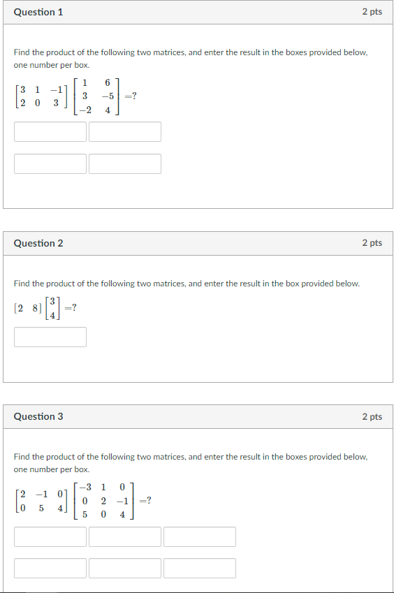 Solved Question 1 2 pts Find the product of the following | Chegg.com