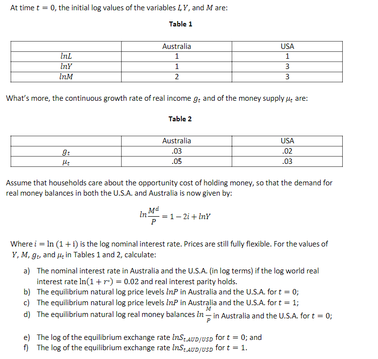 At time t=0, the initial log values of the variables | Chegg.com