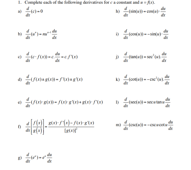 1 Complete Each Of The Following Derivatives For Chegg Com