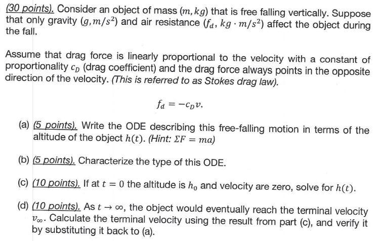 Solved (30 points). Consider an object of mass (m,kg) that | Chegg.com
