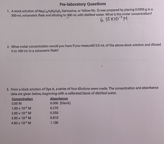 Solved Prelaboratory Questions 1. A stock solution of