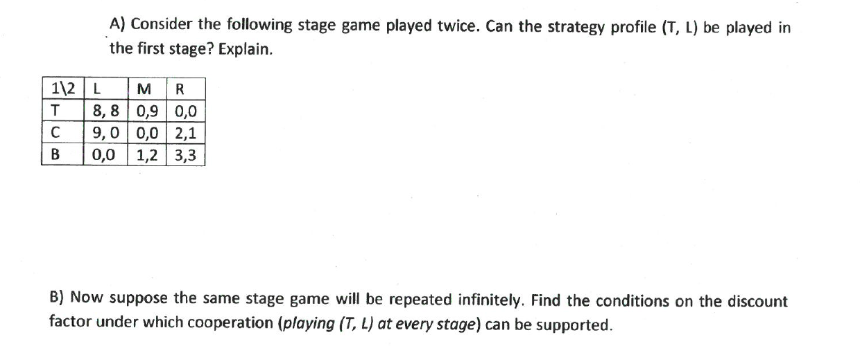Solved A) Consider the following stage game played twice. | Chegg.com