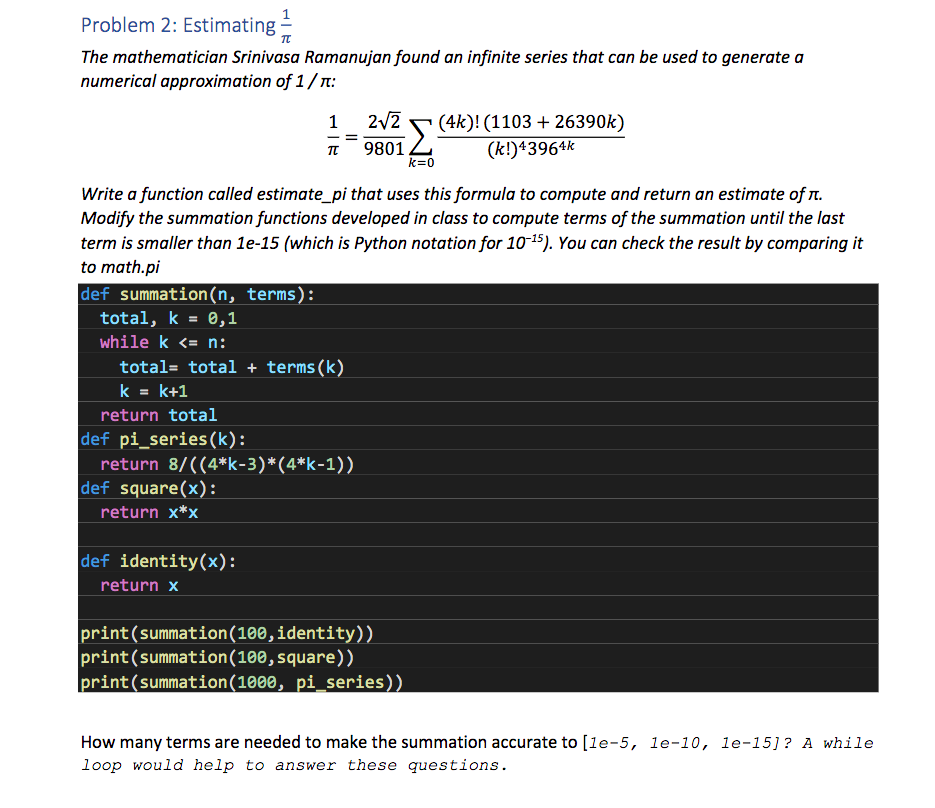 Solved π Problem 2: Estimating The mathematician Srinivasa | Chegg.com