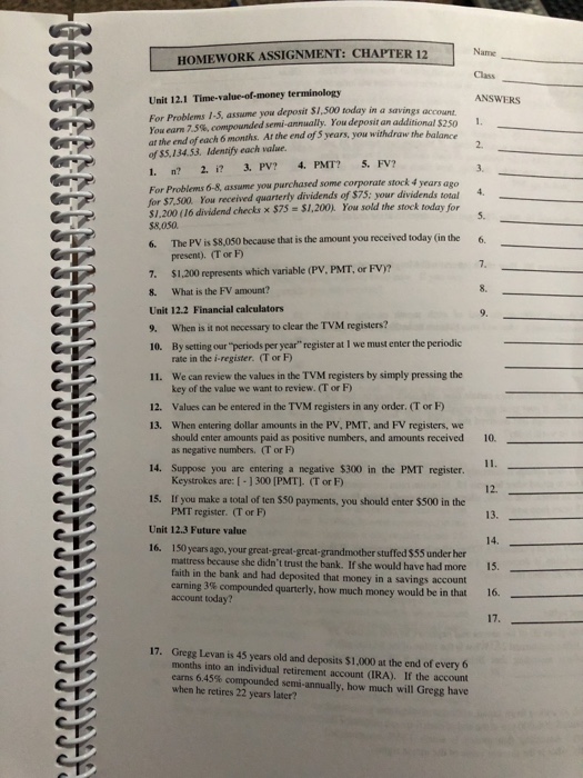 Solved Name HOMEWORK ASSIGNMENT: CHAPTER 12 Class Unit 12.1 | Chegg.com