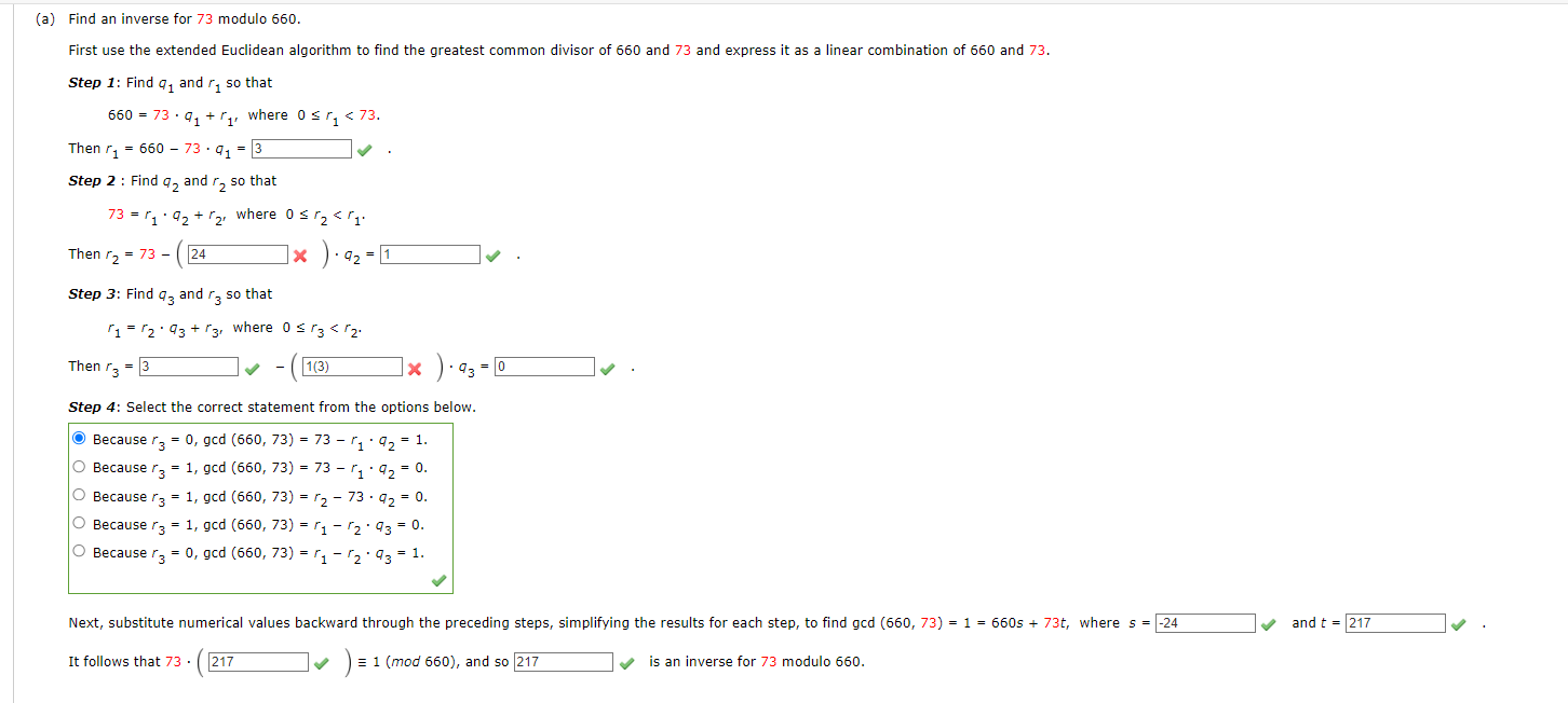 Solved Find an inverse for 73 modulo 660 . First use the | Chegg.com