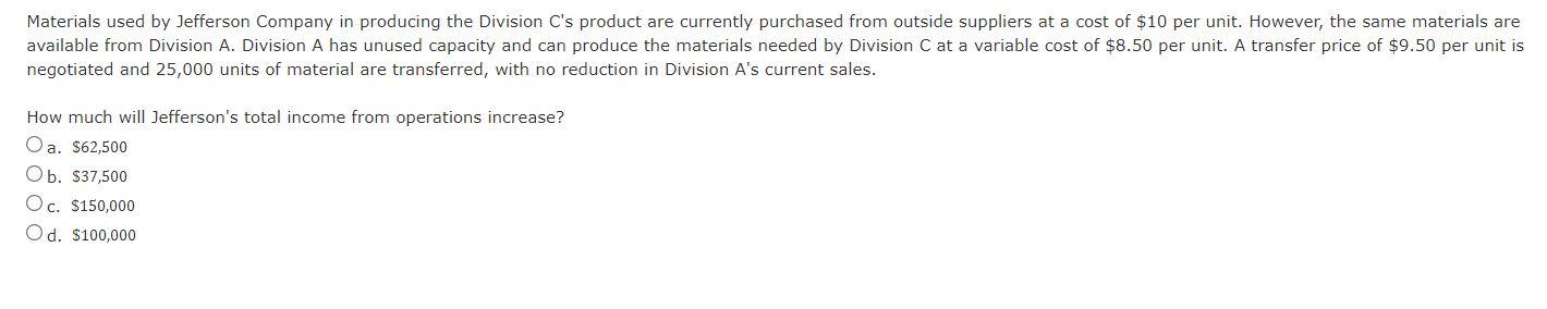 Solved Materials Used By Jefferson Company In Producing The | Chegg.com