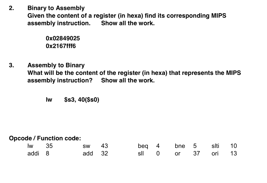 1. 2. Binary to Assembly Given the content of a | Chegg.com
