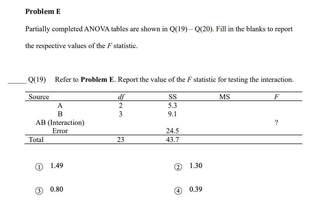 Solved Problem EPartially completed ANOVA tables are shown | Chegg.com