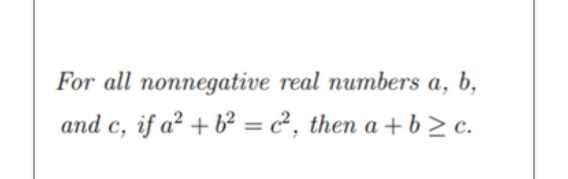 Solved For all nonnegative real numbers a, b, and c, if a² + | Chegg.com