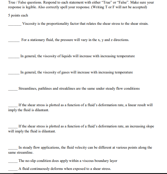 Solved True /False questions. Respond to each statement with | Chegg.com