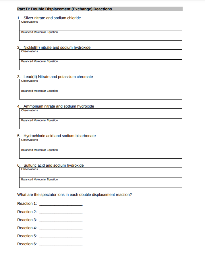 Solved Part D: Double Displacement (Exchange) Reactions 1. | Chegg.com