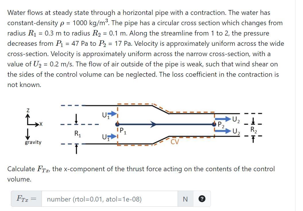 Water flows at steady state through a horizontal pipe with a contraction. The water has constant-density \( \rho=1000 \mathrm