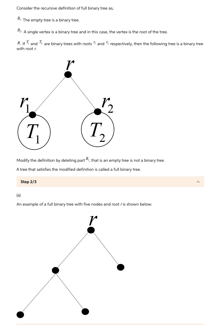 Consider the recursive definition of full binary tree as,
\( B_{1} \cdot \) The empty tree is a binary tree.
\( B_{2} \). A s