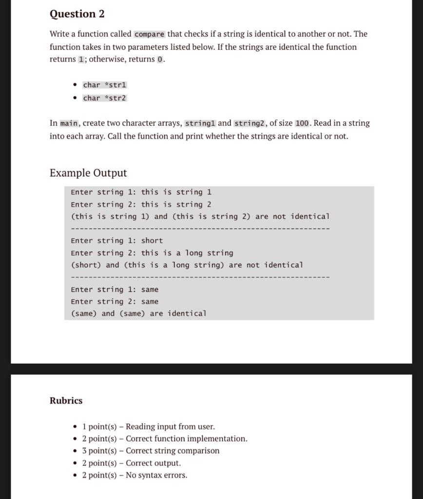 Solved In C PLEASE! Write a function called compare that | Chegg.com