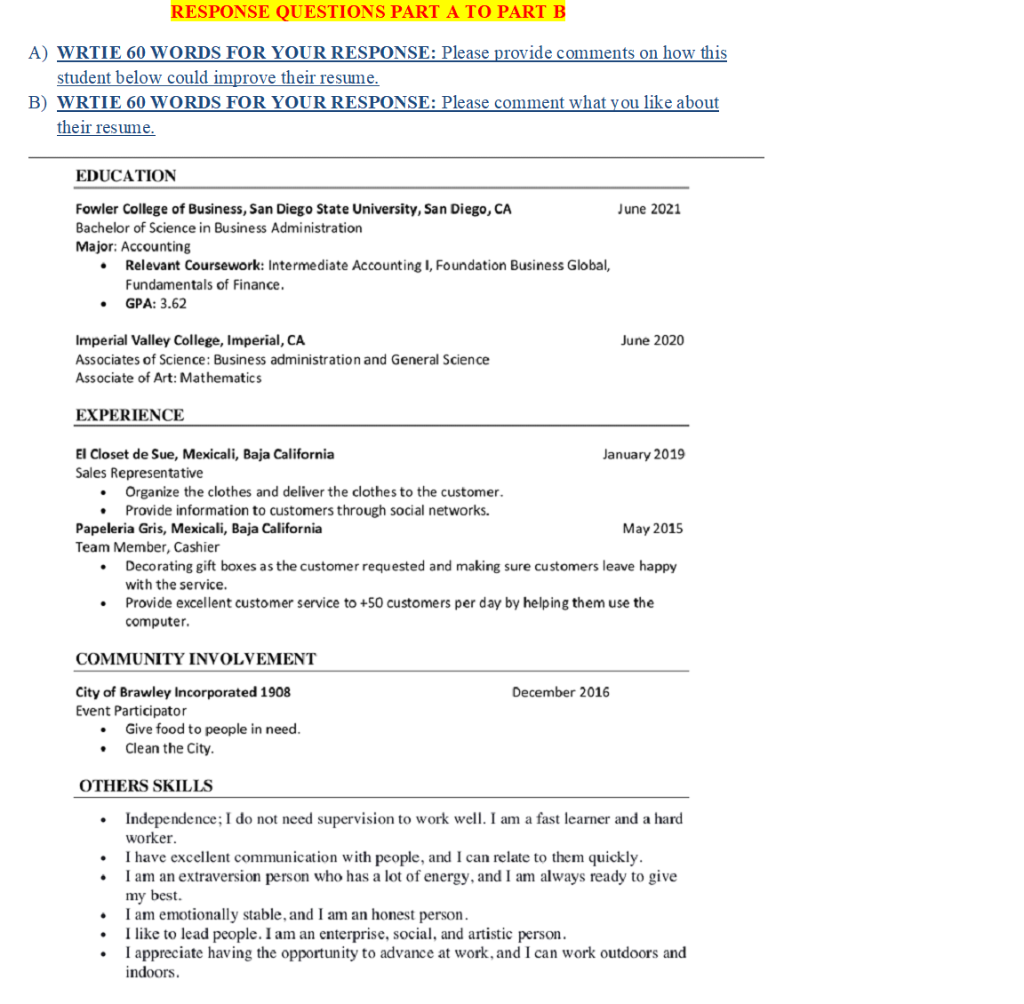 Solved RESPONSE QUESTIONS PART A TO PART B A) WRTIE 60 WORDS | Chegg.com