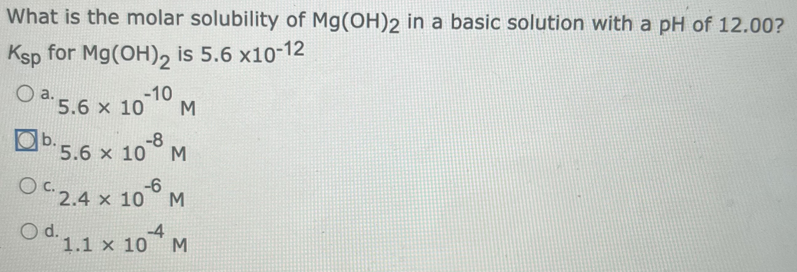 Solved What is the molar solubility of Mg(OH)2 in a basic | Chegg.com ...