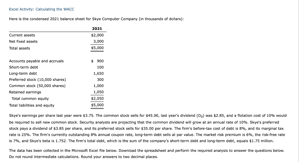 Solved Excel Activity: Calculating the WACC Here is the | Chegg.com