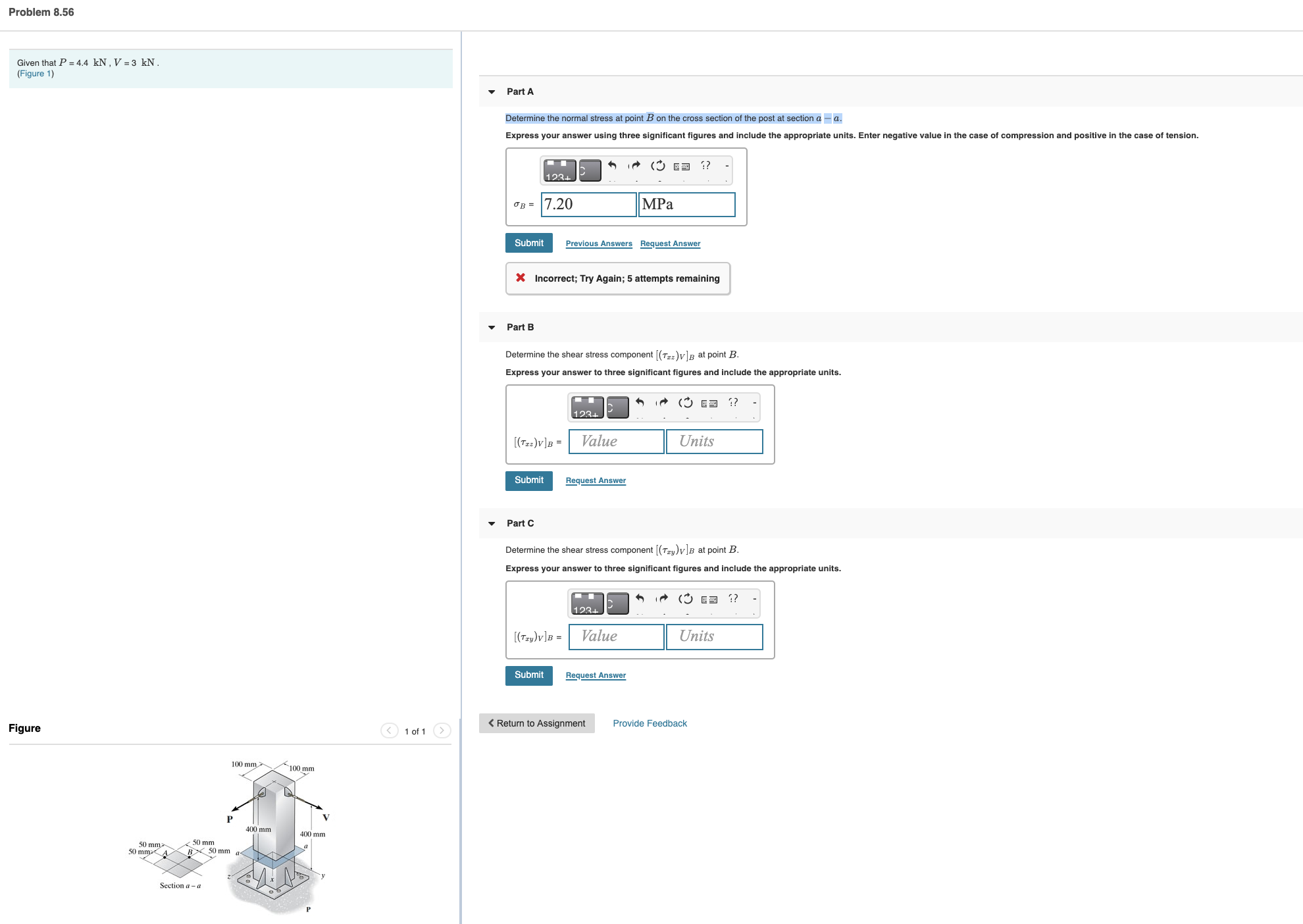 Solved Problem 8.56 Given that P = 4.4 kN, V = 3 kN. (Figure | Chegg.com