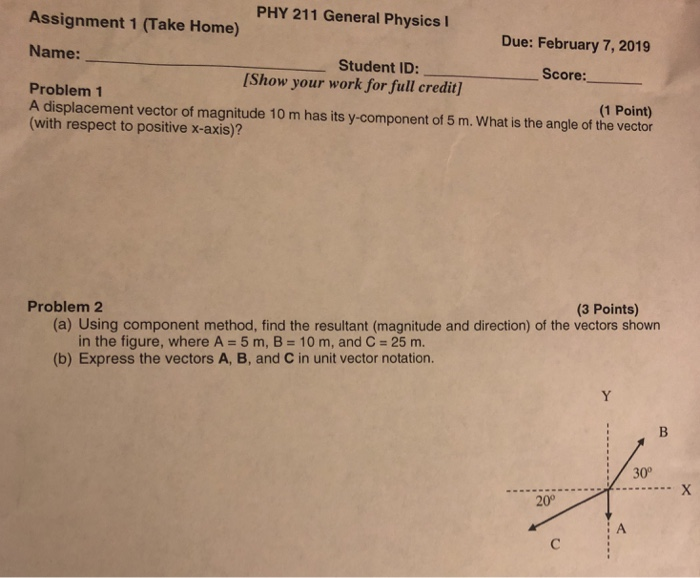 Solved PHY 211 General Physics I Assignment 1 (Take Home) | Chegg.com