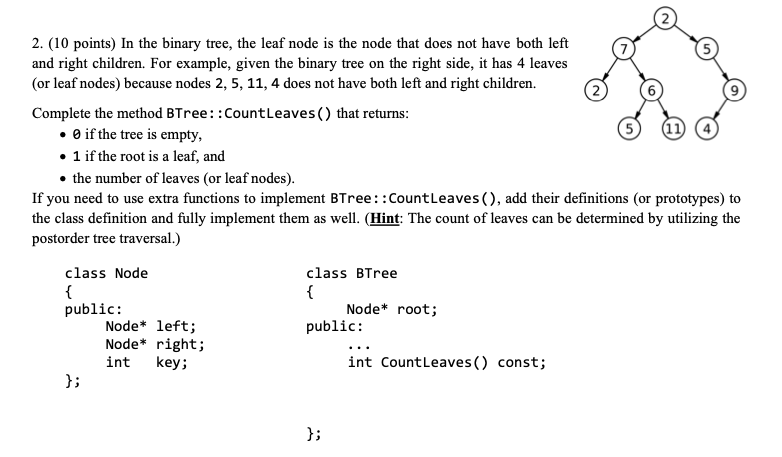 Solved 2. (10 points) In the binary tree, the leaf node is | Chegg.com