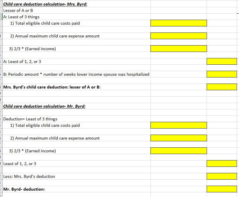 Solved Child care deduction calculation- Mrs. Byrd: Lesser | Chegg.com