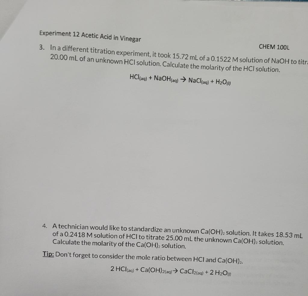 Solved Experiment 12 Acetic Acid in Vinegar 3. In a