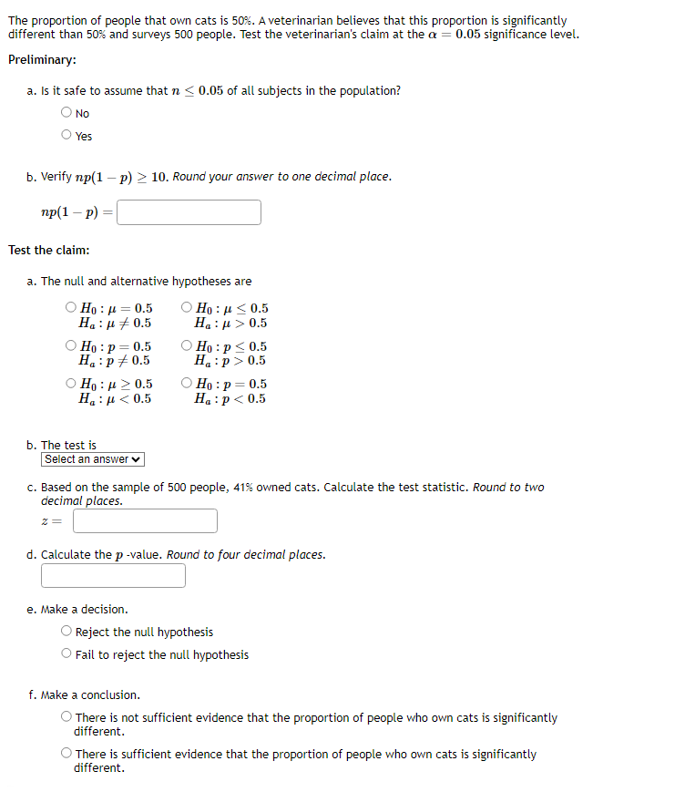 [Solved]: The proportion of people that own cats is 50%. A