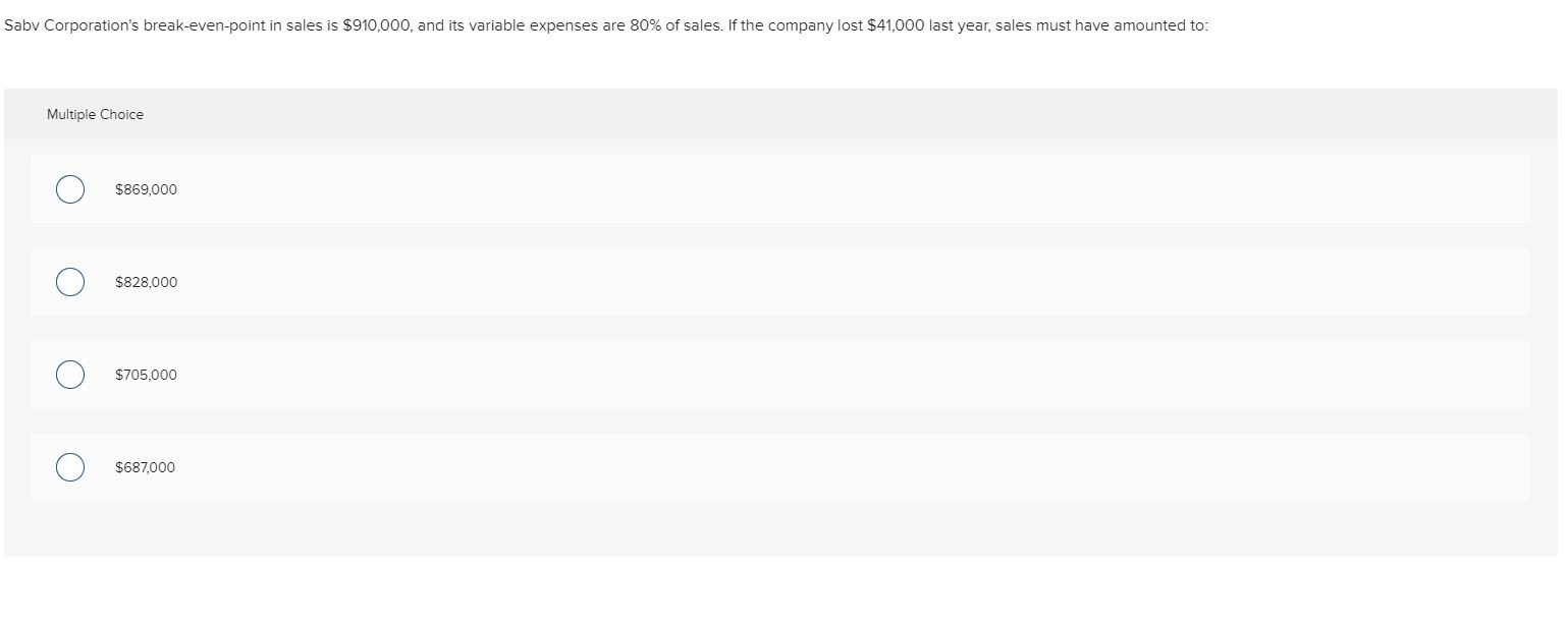 Solved Saby Corporation's break-even-point in sales is | Chegg.com