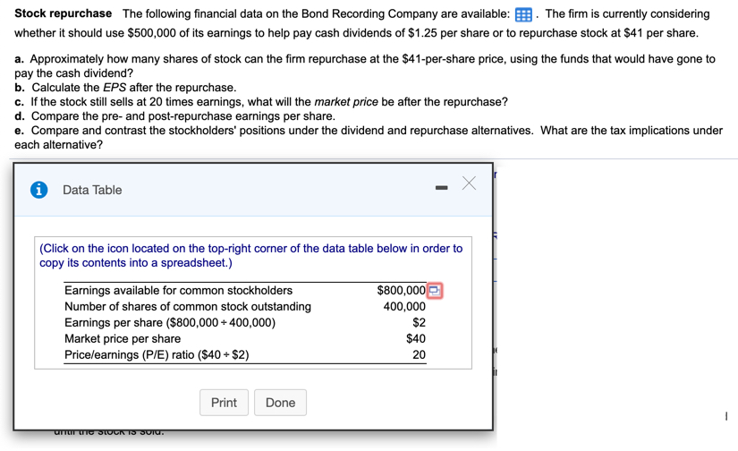 Repurchased Solved Stock repurchase the following financial data on the | Chegg.com